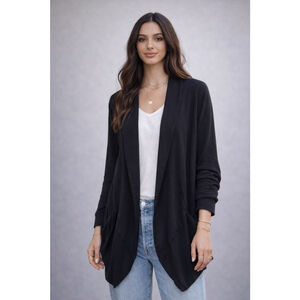 Eileen Fisher Black Open Front Cardigan Jacket Pockets Long Sleeve XL